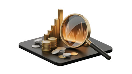 Analyze financial growth charts and coins with a magnifying glass for investment strategy
