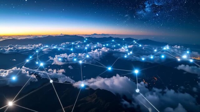 A network of interconnected points of light overlays a mountain range under a starry night sky.