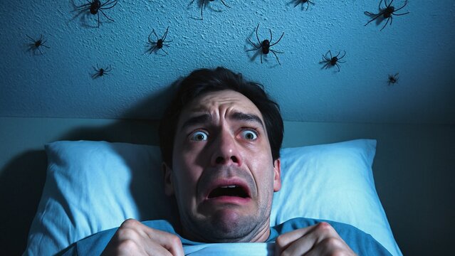 Man lying in bed, screaming in terror from arachnophobia, surrounded by several spiders hanging ominously from the ceiling in a dark, unsettling room filled with anxiety