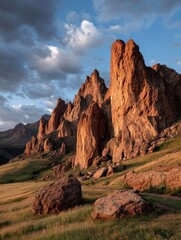 Rocky peaks bathed in golden light
