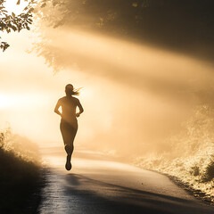 Person Jogging on Rural Road in Foggy Morning Light, Back View in Serene Natural Setting

