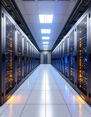Fototapeta premium Server room hallway with rows of equipment
