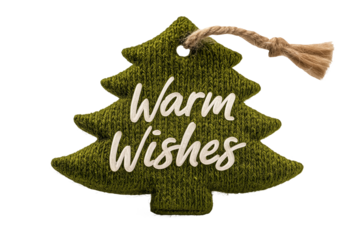 Knitted green Christmas tree-shaped tag with handwritten "Warm Wishes", isolated on white background
