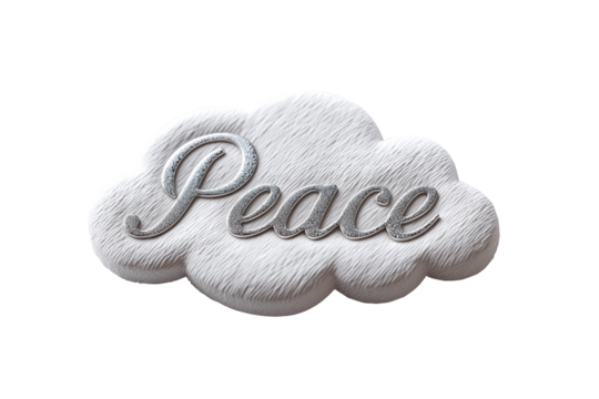 Сloud-shaped white gift label with silver calligraphy "Peace", full depth of field, bright studio lighting, white background