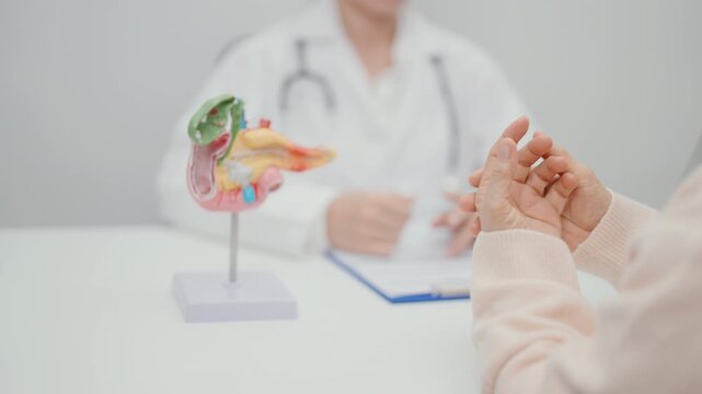 Elderly Patient consultation with doctor for Pancreas, Gallbladder, Bile Duct, Duodenum, Small intestine. Pancreatic cancer, Acute and Chronic pancreatitis, Digestive system and medical healthcare