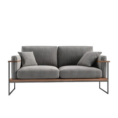 Gray fabric sofa with wooden accents and black metal frame