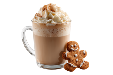 Gingerbread latte with whipped cream and cinnamon in a clear glass, festive drink isolated on white.