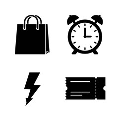Fototapeta premium Collection of Black Friday-themed icons, including Shopping bag, Clock, Lightning bolt, Ticket