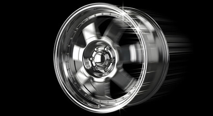 Close up of a shiny chrome car wheel rim spinning rapidly against a dark black background