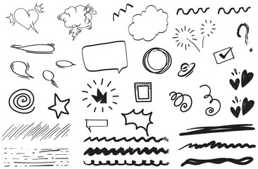Hand drawn doodle symbols and shapes with ink style bursts, stars, and expressive line art ideal for comic visuals, social graphics, and digital design use

