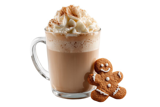 Gingerbread latte with whipped cream and cinnamon in a clear glass, festive drink isolated on white. - Powered by Adobe