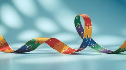 Autism Colorful Puzzle Ribbon Symbolizing Autism Awareness on a Blue Background