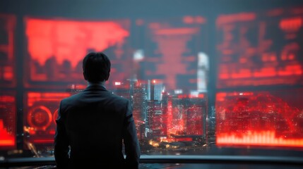 A businessman in a suit, gazing at a futuristic cityscape with digital screens displaying red data analytics.