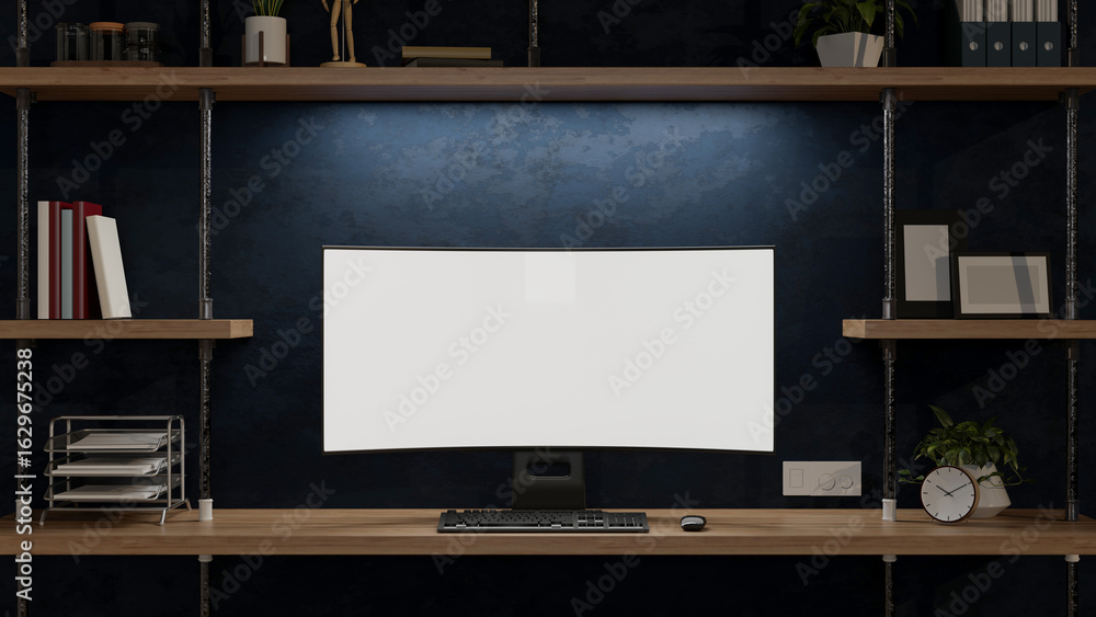 Poster white curve screen computer with stationary and clock on wooden table in a dim lit room or office.