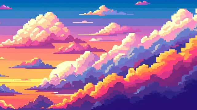 A pixel art depiction of a vibrant sunset sky filled with colorful, layered clouds.