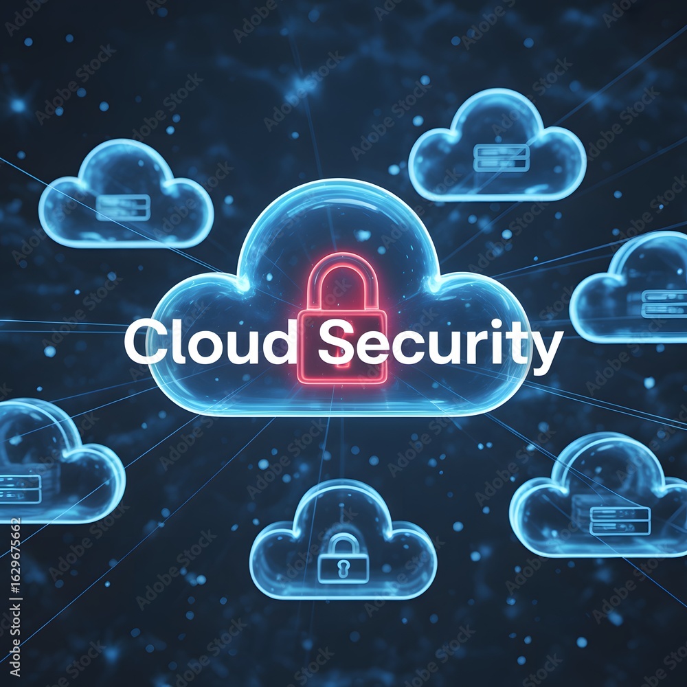 Poster securing the digital realm: a visual representation of cloud security features a luminous cloud clus