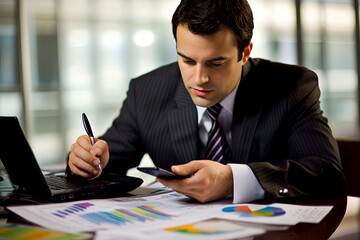 Young caucasian businessman analyzing business data in office setting