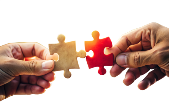 Two hands connecting two puzzle pieces, one red and one brown, symbolizing teamwork and problemsolving, isolated on transparent background