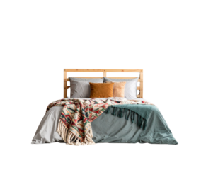 Minimal bedroom interior with Home decoration mock up. Cozy coastal stylish, furnitur .jpg - Firefly_Patterned blanket on wooden bed in grey bedroom interior with plants and posters. Rea 