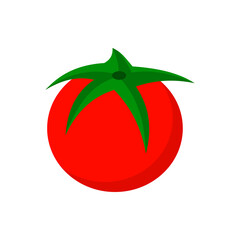 Simple Cartoon Tomato Illustration with Green Stem. The tomato has a clean, bold appearance and is isolated on a white background.
