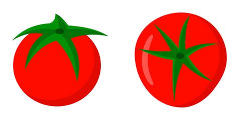 Cartoon Illustration of Two Red Tomatoes with Green Stems Isolated on White background. A flat vector illustration of two red tomatoes with green star-shaped stems.