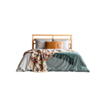 Minimal bedroom interior with Home decoration mock up. Cozy coastal stylish, furnitur .jpg - Firefly_Patterned blanket on wooden bed in grey bedroom interior with plants and posters. Rea - Powered by Adobe