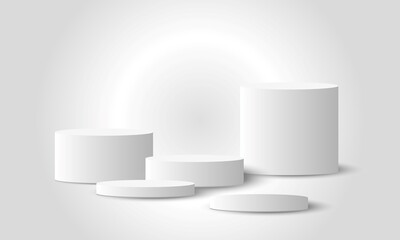 3d rendering of multiple white cylindrical podium platforms arranged in staggered height against a...