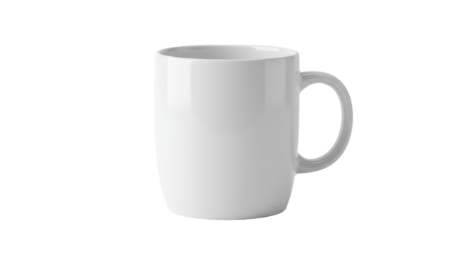 A pristine, blank, transparent ceramic coffee mug with a C-handle, isolated on a transparent studio background with soft high-key lighting, embodying a clean canvas concept