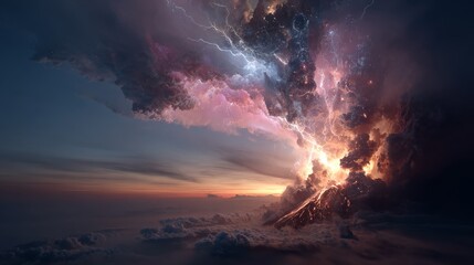 Explosive volcanic eruption with lightning and glowing smoke clouds at sunset sky.