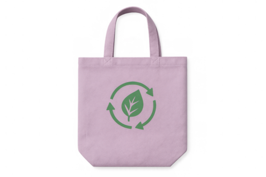 Eco-friendly pink shopping bag displaying green recycling symbol, highlighting sustainable consumer practices against clean white backdrop