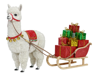 a cute alpaca pulling a christmas sleigh full of presents