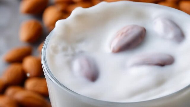 Almond Milk Splashing in a Glass with Almonds on Top Close Up View with Blurred Almonds Background Nutritious and Delicious Dairy Free Option