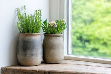 Rustic windowsill with vintage flower pots and vibrant blooms