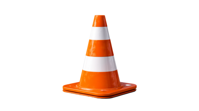 Orange safety cone on transparent background for construction use