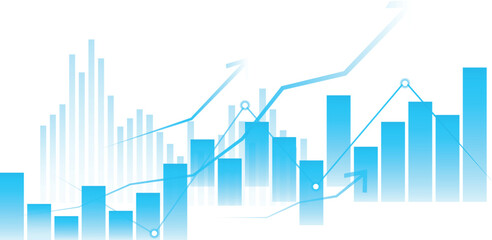 abstract blue bar and line graphs with upward arrows on white background representing business growth and financial performance	