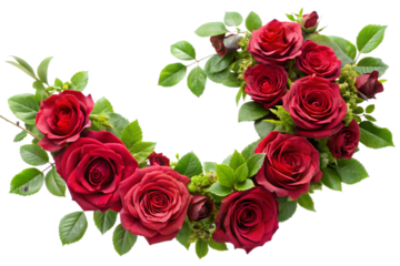 A beautiful arrangement of red roses with green leaves, forming a curved garland shape, isolated on transparent background