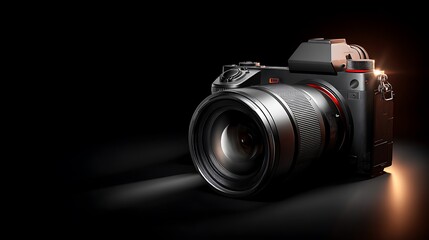 Professional digital camera isolated on black background dramatic lighting high detail modern photography gear concept