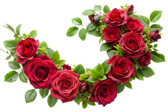 A beautiful arrangement of red roses with green leaves, forming a curved garland shape, isolated on transparent background