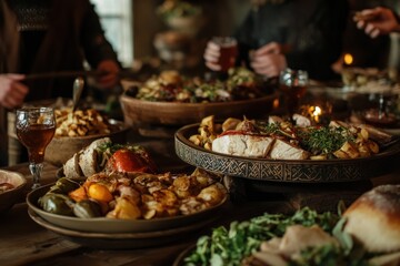 Norse Viking banquet with traditional dishes, mead toasts, and storytelling