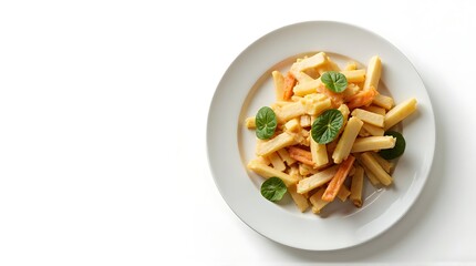 Creamy Pasta on White Plate with Green Herb Garnish