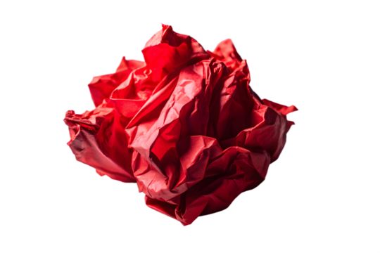 A crumpled ball of red paper, isolated on a transparent background, showcasing a vibrant and textured abstract design