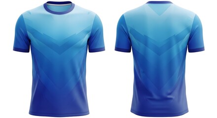 Front and back view of a blue gradient t-shirt with a chevron pattern, isolated on a white background.