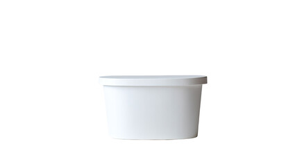 White plastic container, slightly oval shape, lidded