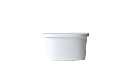 White plastic container, slightly oval shape, lidded