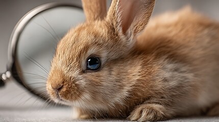 Rabbit under magnifying glass highlighting detailed features soft fur curious expression neutral background close up view