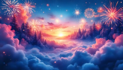 Fireworks over a dreamy landscape with clouds, trees, and sunset colors.