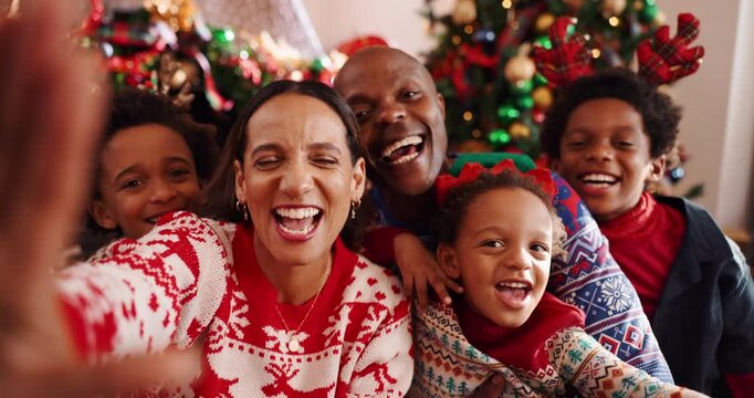 Face, family or selfie for Christmas, home or profile picture for festive season, bonding and love. Laughing, parents and photography POV with children on Xmas, African people or celebration in house