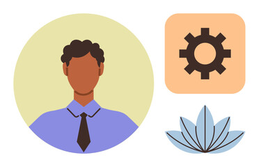 Man wearing a tie symbolizing professionalism, gear as a concept of workflow, and lotus for calm balance. Ideal for career, business, productivity, workflow, mindfulness, wellness harmony themes