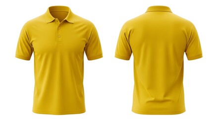 Front and back view of a mustard yellow polo shirt,  mockup,  isolated on white background.