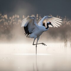 Fototapeta premium Red-Crowned Crane Dancing in Misty Wetland 